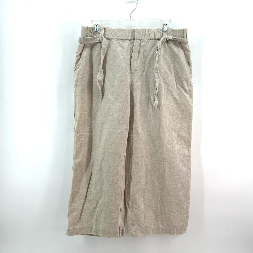 Liz Claiborne Linen Blend Crop Pants Women‎ M Oatmeal Khaki Stretch Tie Coastal